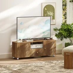 Meuble TV banc TV design - 2 portes, 2 étagères, niche tiroir - effet bois doré