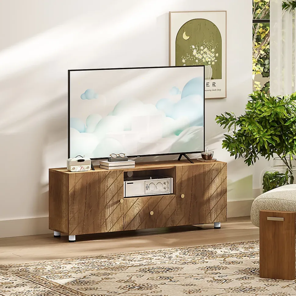 Meuble TV banc TV design - 2 portes, 2 étagères, niche tiroir - effet bois doré