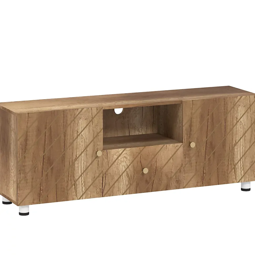 Meuble TV banc TV design - 2 portes, 2 étagères, niche tiroir - effet bois doré