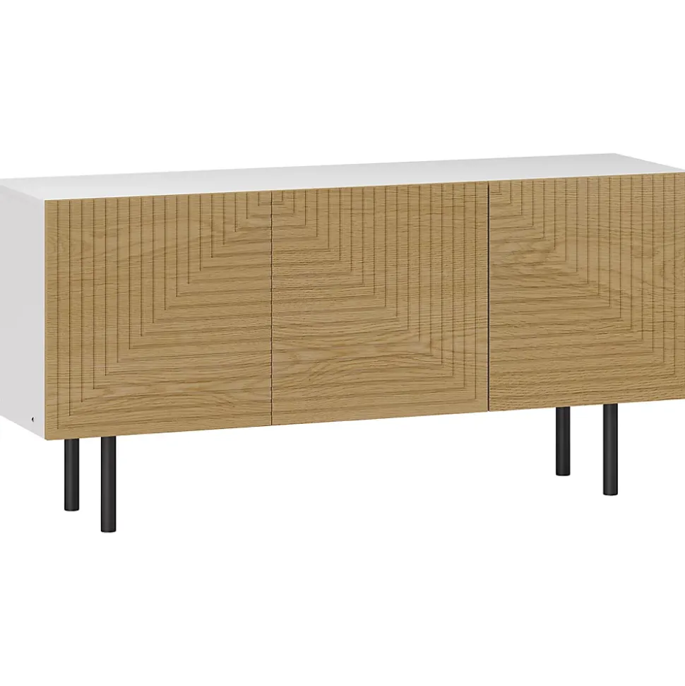 Meuble TV banc TV design graphique - 3 portes, 3 étagères, 3 passe-câbles - blanc effet bois