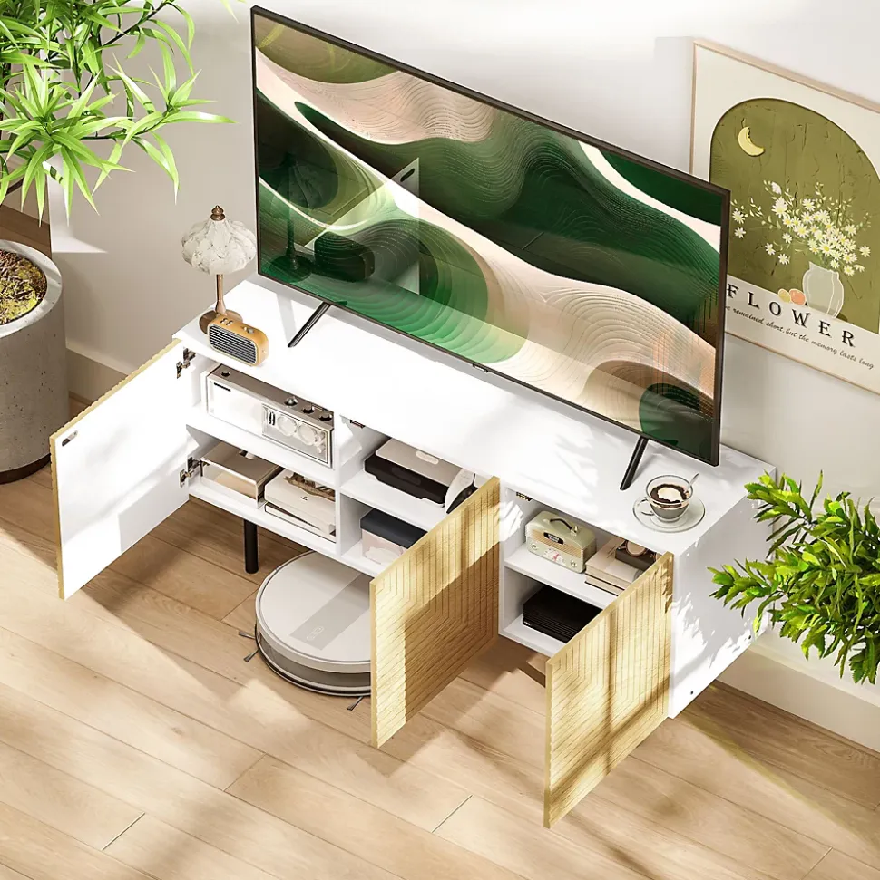 Meuble TV banc TV design graphique - 3 portes, 3 étagères, 3 passe-câbles - blanc effet bois