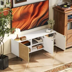 Meuble TV banc TV design graphique - 3 portes, 3 étagères, 3 passe-câbles - blanc effet bois