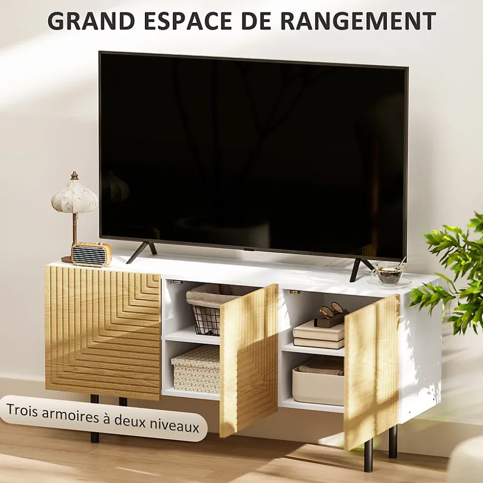 Meuble TV banc TV design graphique - 3 portes, 3 étagères, 3 passe-câbles - blanc effet bois