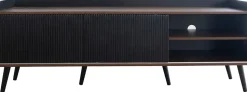 Meuble TV bas 160 cm, 2 tiroirs, 2 portes coulissantes, finition bois et noir, design moderne