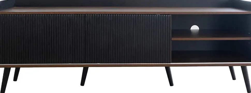 Meuble TV bas 160 cm, 2 tiroirs, 2 portes coulissantes, finition bois et noir, design moderne