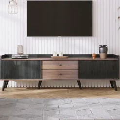 Meuble TV bas 160 cm, 2 tiroirs, 2 portes coulissantes, finition bois et noir, design moderne