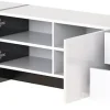 Meuble TV bas 190 cm avec LED, portes et tiroirs, cadre doré, plateau marbre blanc