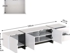 Meuble TV bas 190 cm avec LED, portes et tiroirs, cadre doré, plateau marbre blanc