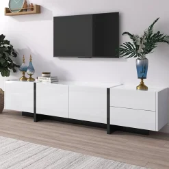 Meuble TV bas 190 cm avec LED, portes et tiroirs, cadre doré, plateau marbre blanc