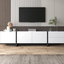 Meuble TV bas 190 cm avec LED, portes et tiroirs, cadre doré, plateau marbre blanc