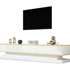 Meuble TV bas avec 3 tiroirs,200x40x40cm,blanc chaud avec bord doré, grand espace de rangement