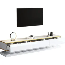 Meuble TV bas avec 3 tiroirs,200x40x40cm,blanc chaud avec bord doré, grand espace de rangement