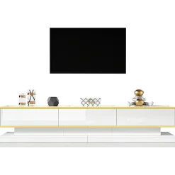 Meuble TV bas avec 3 tiroirs,200x40x40cm,blanc chaud avec bord doré, grand espace de rangement
