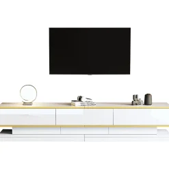 Meuble TV bas avec 3 tiroirs,200x40x40cm,blanc chaud avec bord doré, grand espace de rangement
