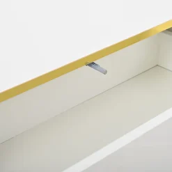 Meuble TV bas avec 3 tiroirs,200x40x40cm,blanc chaud avec bord doré, grand espace de rangement