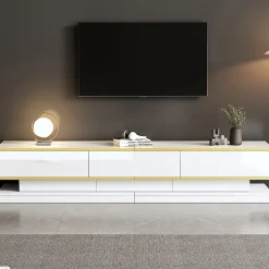 Meuble TV bas avec 3 tiroirs,200x40x40cm,blanc chaud avec bord doré, grand espace de rangement