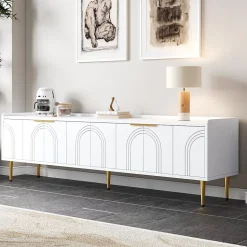 Meuble TV Bas design - avec Portes Texturées et Rangement Moderne, MDF, Pieds Dorés, Blanc, 170x35x47,5 cm