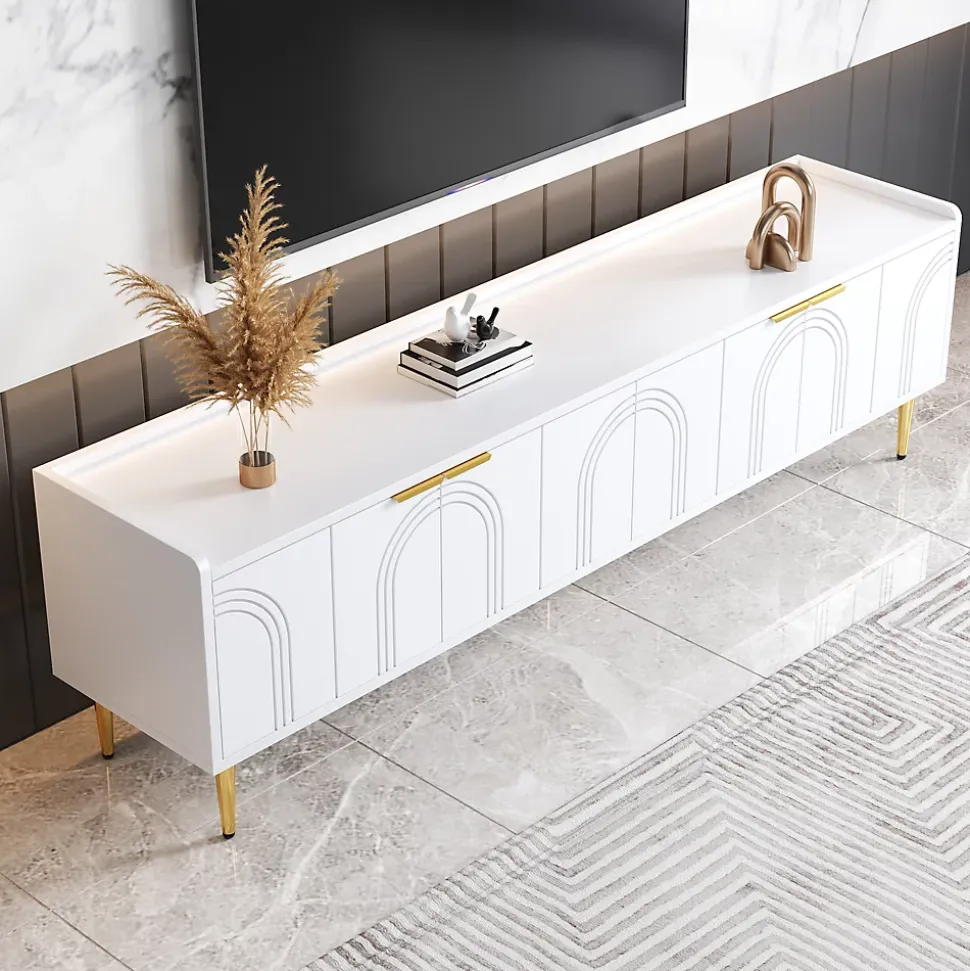 Meuble TV Bas design - avec Portes Texturées et Rangement Moderne, MDF, Pieds Dorés, Blanc, 170x35x47,5 cm