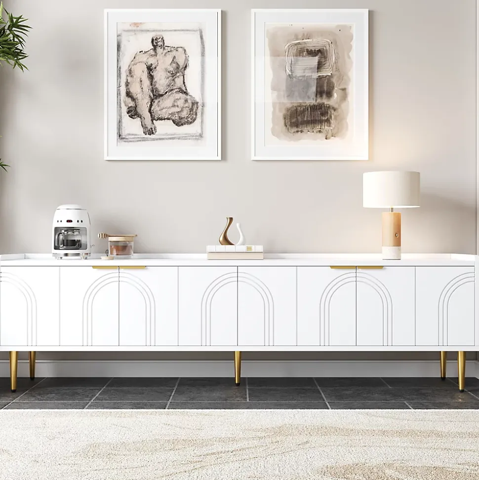 Meuble TV Bas design - avec Portes Texturées et Rangement Moderne, MDF, Pieds Dorés, Blanc, 170x35x47,5 cm