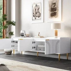 Meuble TV Bas design - avec Portes Texturées et Rangement Moderne, MDF, Pieds Dorés, Blanc, 170x35x47,5 cm