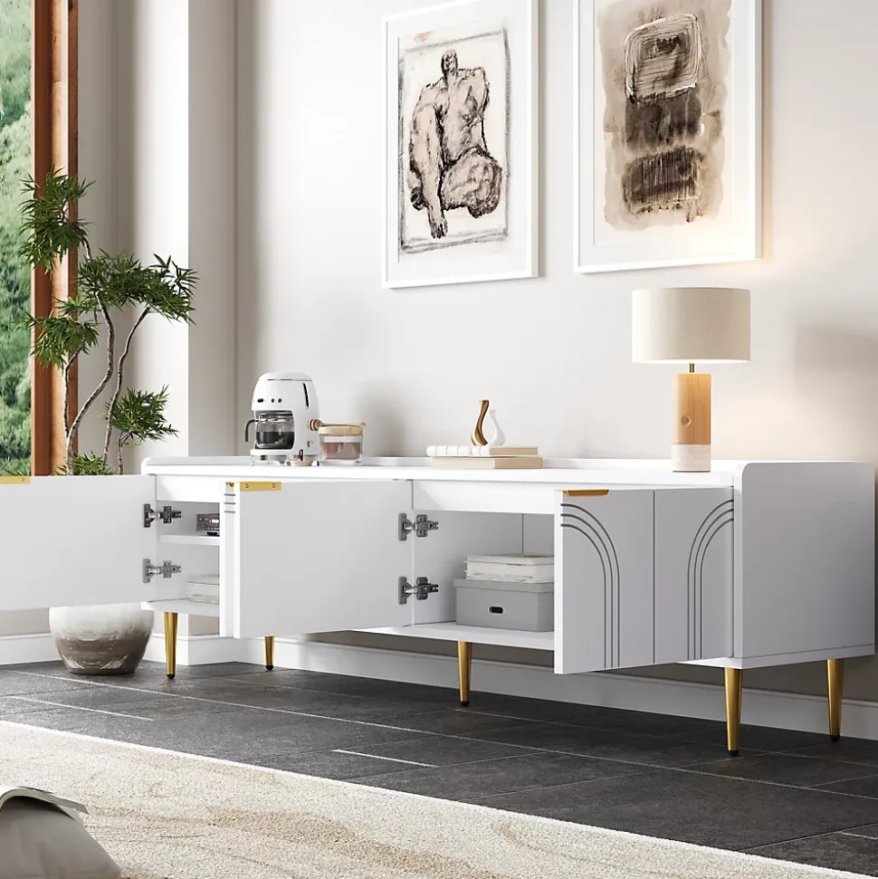 Meuble TV Bas design - avec Portes Texturées et Rangement Moderne, MDF, Pieds Dorés, Blanc, 170x35x47,5 cm