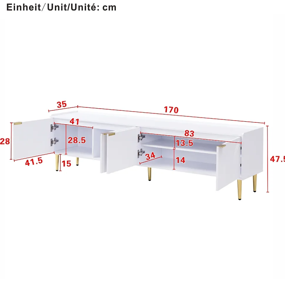 Meuble TV Bas design - avec Portes Texturées et Rangement Moderne, MDF, Pieds Dorés, Blanc, 170x35x47,5 cm