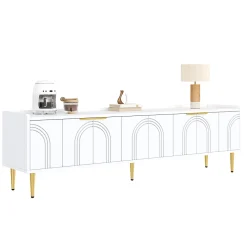 Meuble TV Bas design - avec Portes Texturées et Rangement Moderne, MDF, Pieds Dorés, Blanc, 170x35x47,5 cm