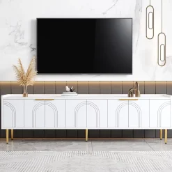Meuble TV Bas design - avec Portes Texturées et Rangement Moderne, MDF, Pieds Dorés, Blanc, 170x35x47,5 cm