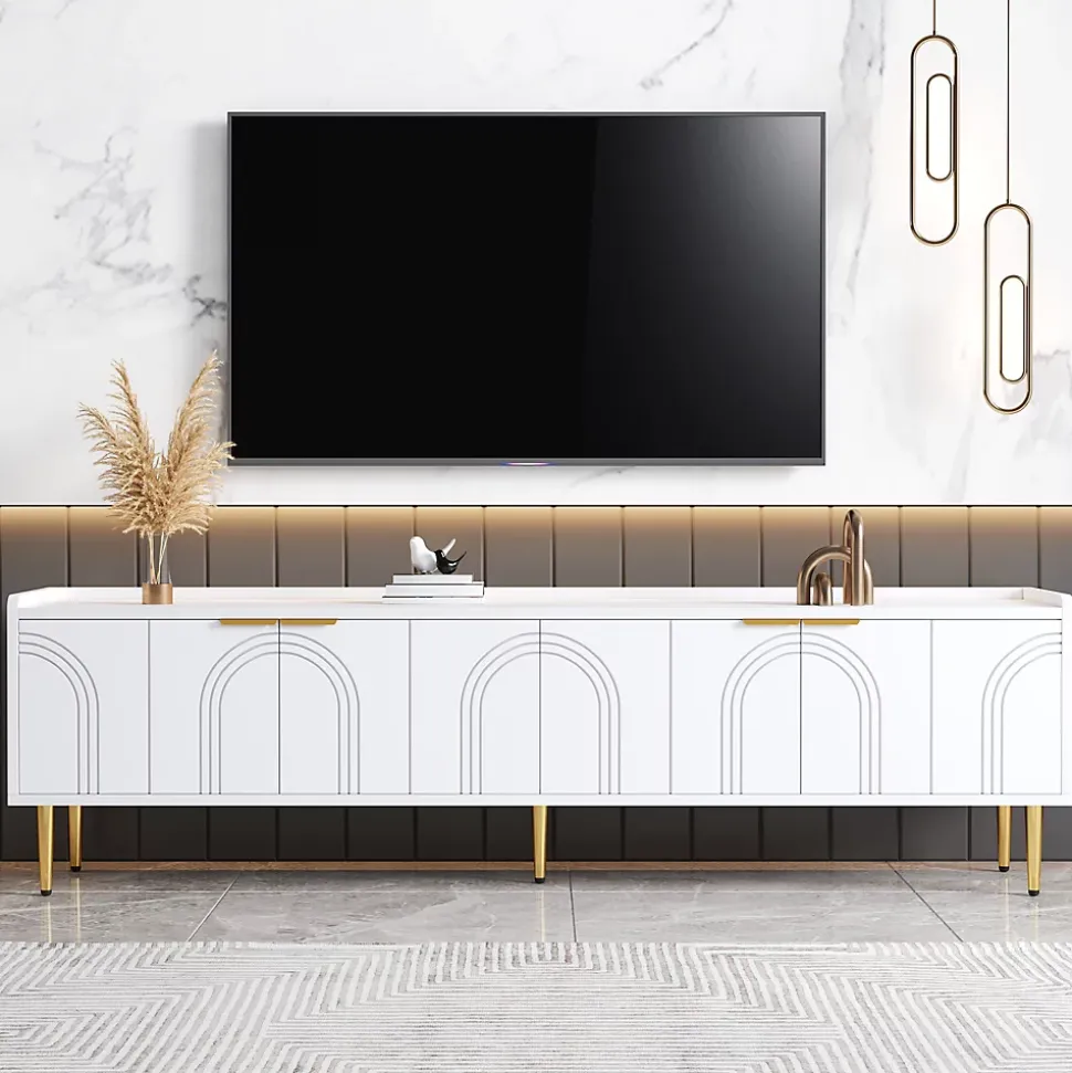 Meuble TV Bas design - avec Portes Texturées et Rangement Moderne, MDF, Pieds Dorés, Blanc, 170x35x47,5 cm