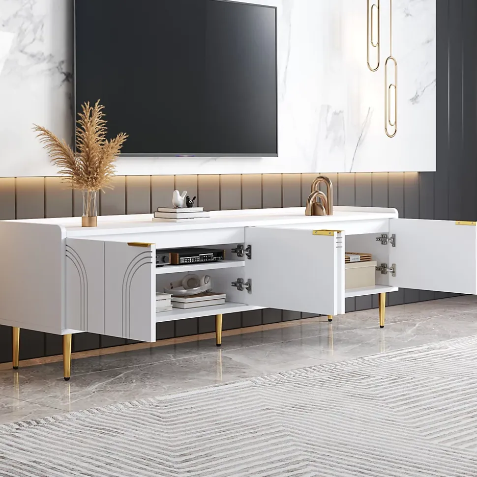 Meuble TV Bas design - avec Portes Texturées et Rangement Moderne, MDF, Pieds Dorés, Blanc, 170x35x47,5 cm