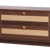 Meuble TV Bas en Bois Naturel avec Portes Coulissantes et Tiroirs - Style Rustique et Détails en Rotin - 170x39,5x46 cm - Marron