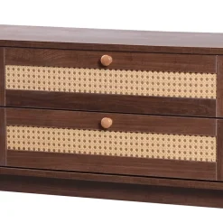 Meuble TV Bas en Bois Naturel avec Portes Coulissantes et Tiroirs - Style Rustique et Détails en Rotin - 170x39,5x46 cm - Marron