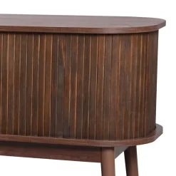 Meuble TV Bas en Bois Naturel avec Portes Coulissantes et Tiroirs - Style Rustique et Détails en Rotin - 170x39,5x46 cm - Marron