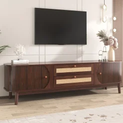Meuble TV Bas en Bois Naturel avec Portes Coulissantes et Tiroirs - Style Rustique et Détails en Rotin - 170x39,5x46 cm - Marron