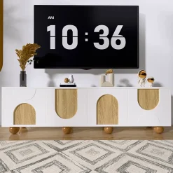 Meuble TV Bas Moderne - 4 Portes et Rangement avec Pieds en Bois - MDF + PB - 175x38x50 cm - Naturel/Blanc