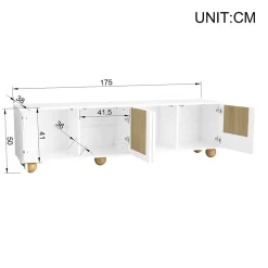 Meuble TV Bas Moderne - 4 Portes et Rangement avec Pieds en Bois - MDF + PB - 175x38x50 cm - Naturel/Blanc