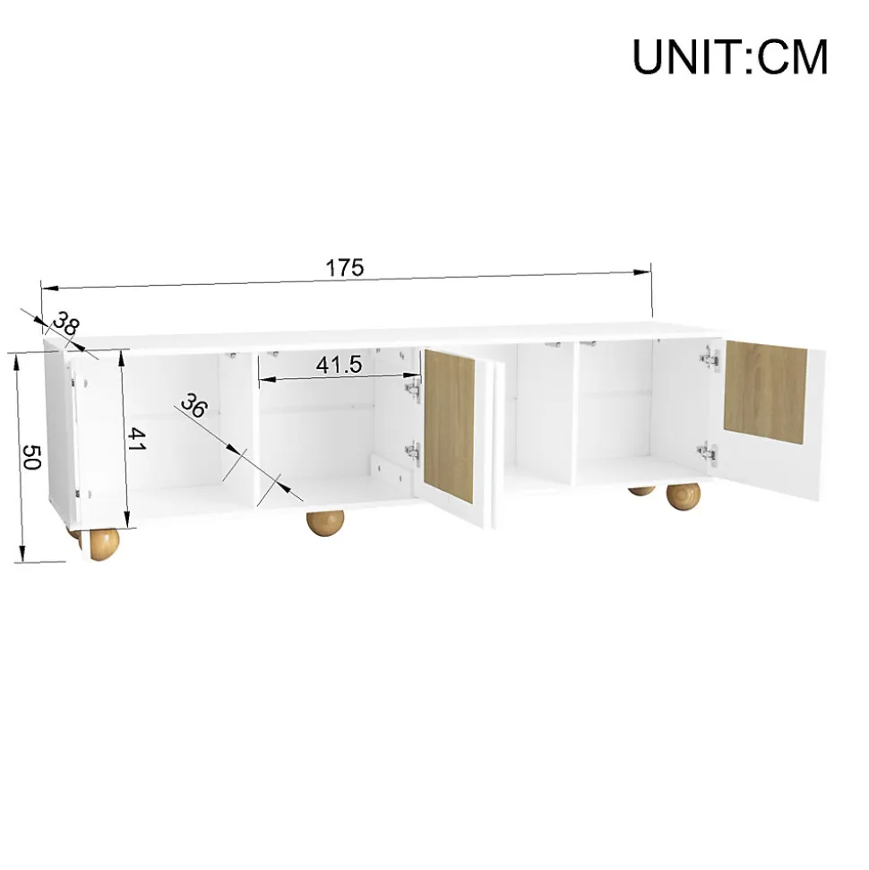 Meuble TV Bas Moderne - 4 Portes et Rangement avec Pieds en Bois - MDF + PB - 175x38x50 cm - Naturel/Blanc