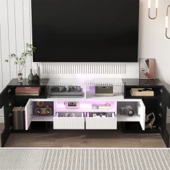 Meuble TV bas, Moderne 145 cm avec LED et Plateau en Verre, Design Multimédia en Aggloméré MDF Verre - 145x30x51 cm, Blanc + Noir