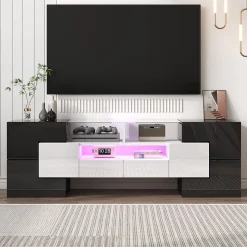 Meuble TV bas, Moderne 145 cm avec LED et Plateau en Verre, Design Multimédia en Aggloméré MDF Verre - 145x30x51 cm, Blanc + Noir