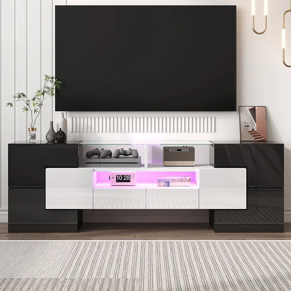 Meuble TV bas, Moderne 145 cm avec LED et Plateau en Verre, Design Multimédia en Aggloméré MDF Verre - 145x30x51 cm, Blanc + Noir