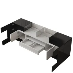 Meuble TV bas, Moderne 145 cm avec LED et Plateau en Verre, Design Multimédia en Aggloméré MDF Verre - 145x30x51 cm, Blanc + Noir