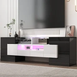 Meuble TV bas, Moderne 145 cm avec LED et Plateau en Verre, Design Multimédia en Aggloméré MDF Verre - 145x30x51 cm, Blanc + Noir