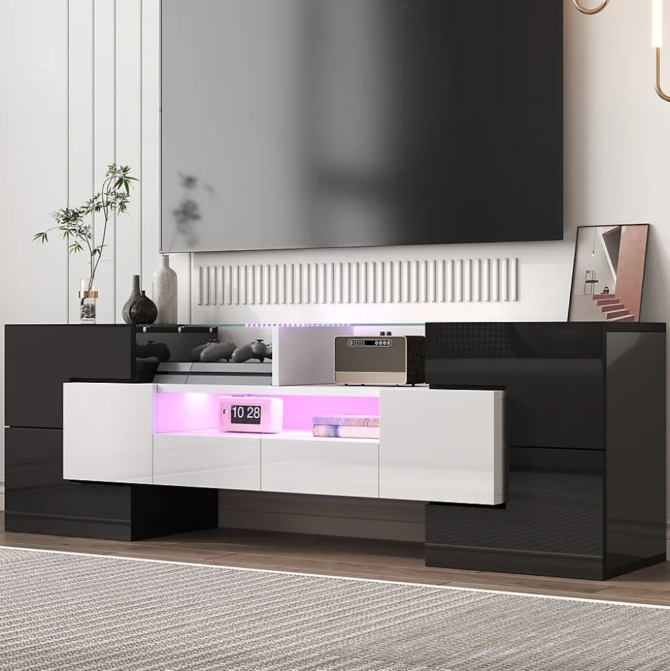 Meuble TV bas, Moderne 145 cm avec LED et Plateau en Verre, Design Multimédia en Aggloméré MDF Verre - 145x30x51 cm, Blanc + Noir