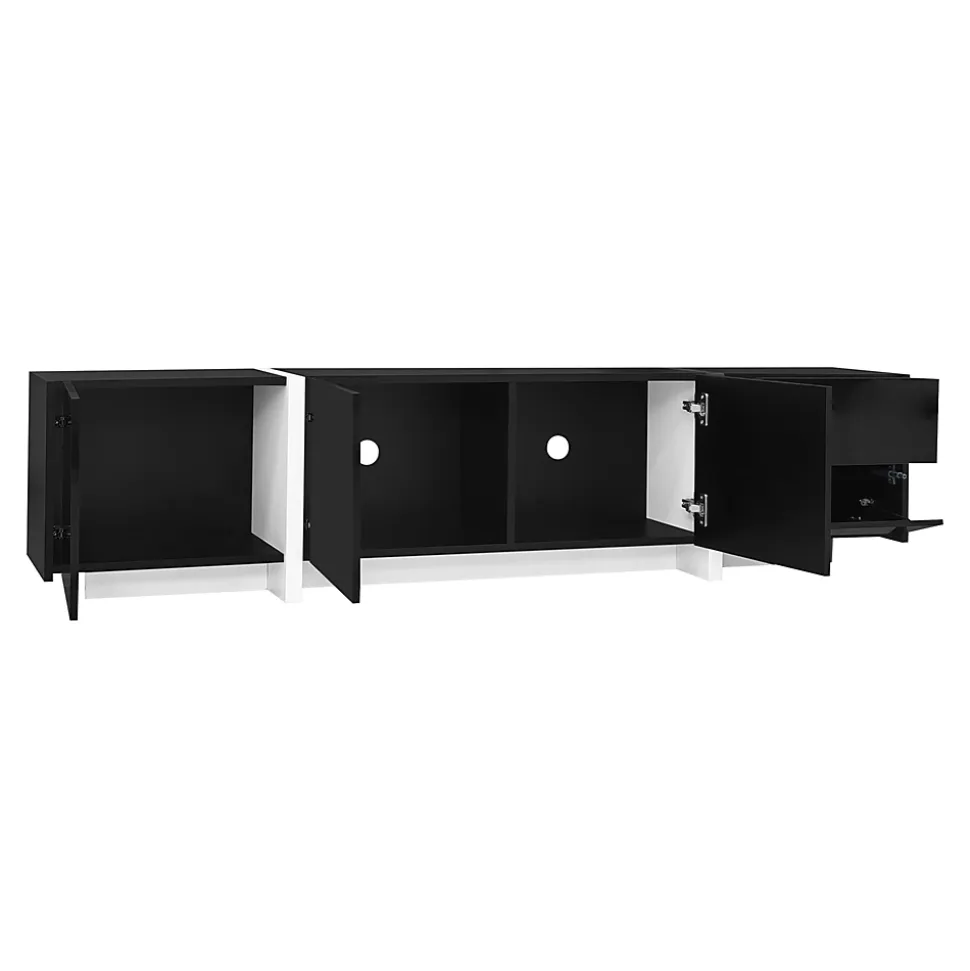 Meuble TV Bas Moderne, LED Intégrée, Portes et Tiroirs - Structure Robuste en Panneau de Particules, 170x30x39 cm, Noir Brillant