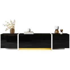 Meuble TV Bas Moderne, LED Intégrée, Portes et Tiroirs - Structure Robuste en Panneau de Particules, 170x30x39 cm, Noir Brillant