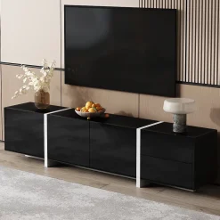 Meuble TV Bas Moderne, LED Intégrée, Portes et Tiroirs - Structure Robuste en Panneau de Particules, 170x30x39 cm, Noir Brillant