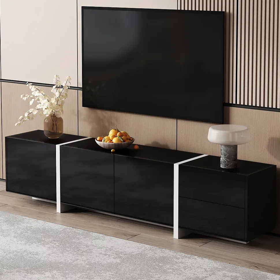 Meuble TV Bas Moderne, LED Intégrée, Portes et Tiroirs - Structure Robuste en Panneau de Particules, 170x30x39 cm, Noir Brillant