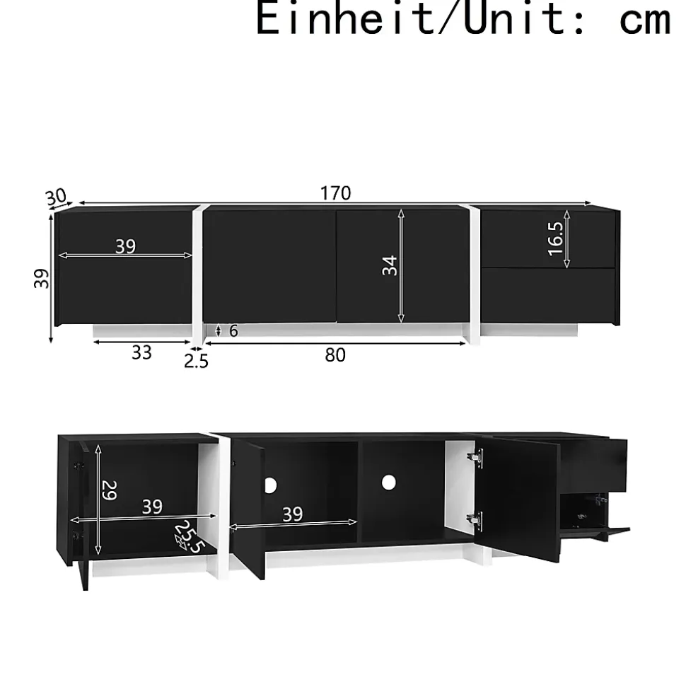 Meuble TV Bas Moderne, LED Intégrée, Portes et Tiroirs - Structure Robuste en Panneau de Particules, 170x30x39 cm, Noir Brillant