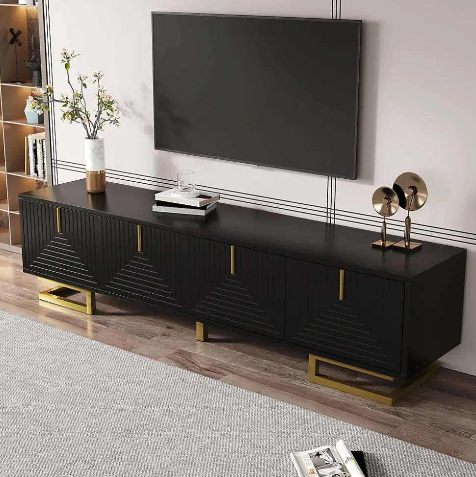 Meuble TV Bas Moderne, Portes Texturées, Poignées et Pieds Dorés Élégants - Panneau de Particules Robuste, 160x38x44,5 cm, Noir