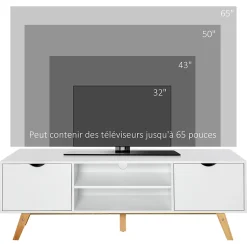 Meuble TV bas sur pied style scandinave 2 portes 2 niches passe-fils panneaux particules MDF blanc bois massif hévéa